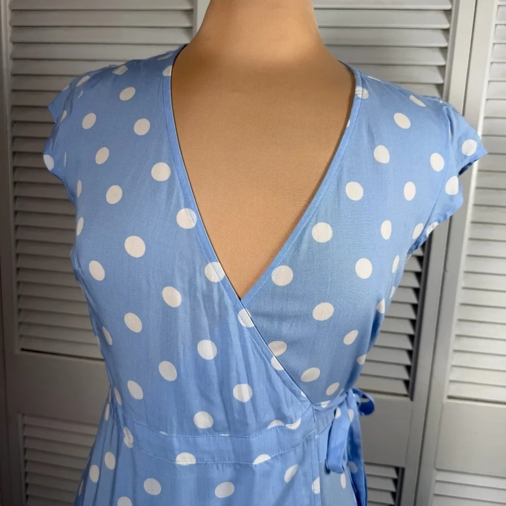 Blue‎ Polka Dot Wrap Midi Dress Open Back XXS Fits XS